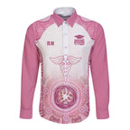 Aussie Nurse RN 2026 Personalised Long Sleeve Button Shirt Pink Aboriginal Art Pattern Cultural Pride