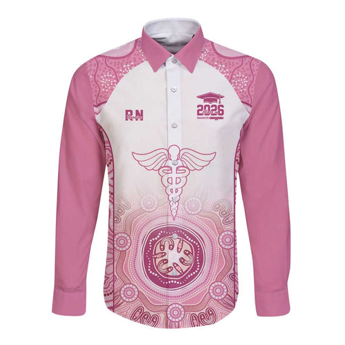 Aussie Nurse RN 2026 Personalised Long Sleeve Button Shirt Pink Aboriginal Art Pattern Cultural Pride