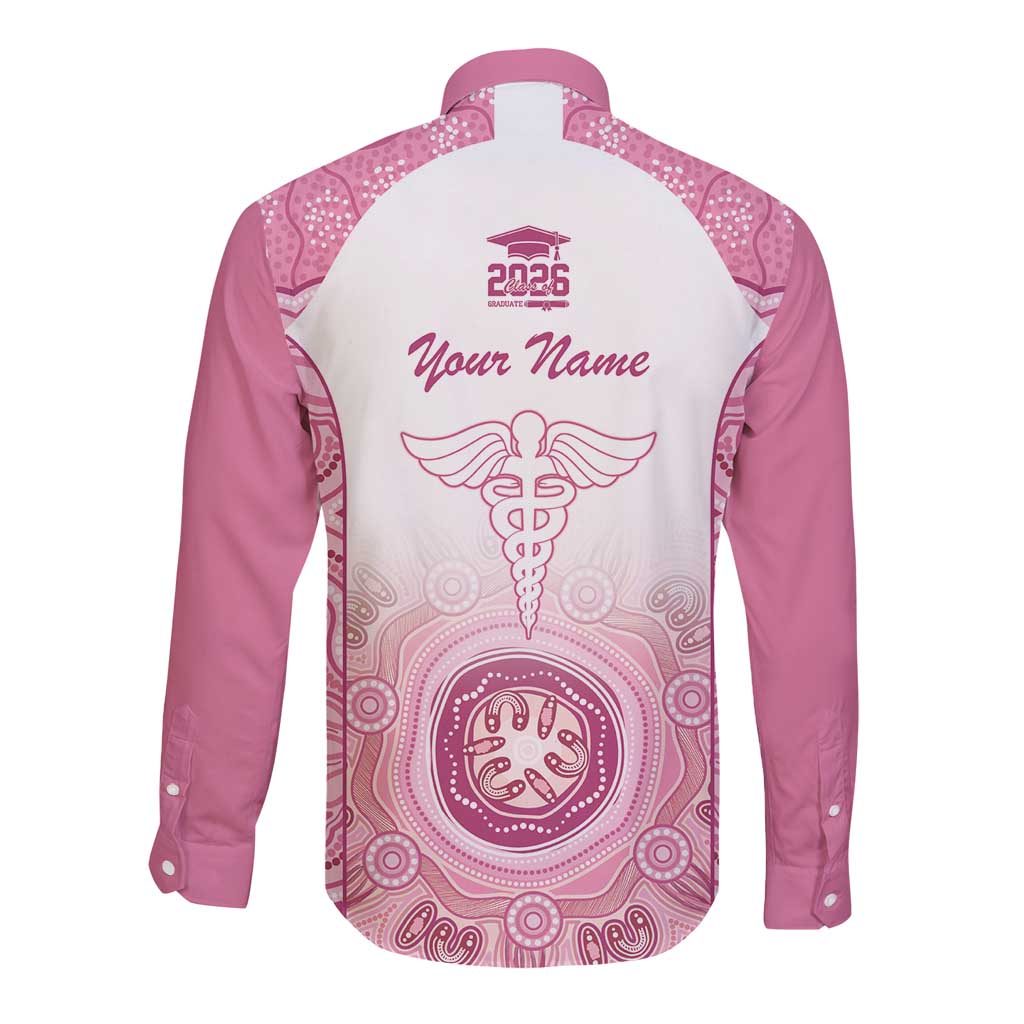 Aussie Nurse RN 2026 Personalised Long Sleeve Button Shirt Pink Aboriginal Art Pattern Cultural Pride