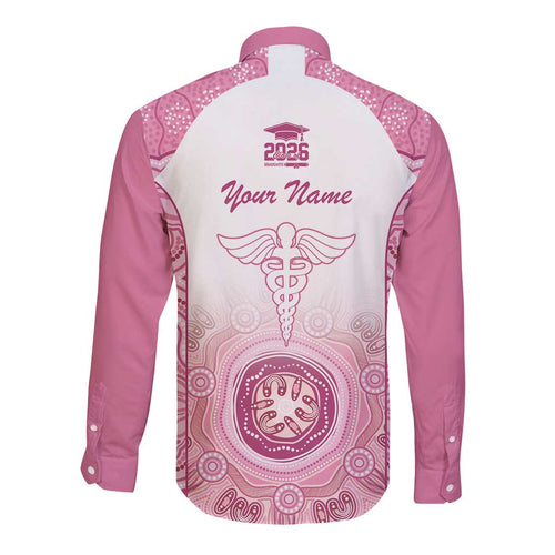 Aussie Nurse RN 2026 Personalised Long Sleeve Button Shirt Pink Aboriginal Art Pattern Cultural Pride