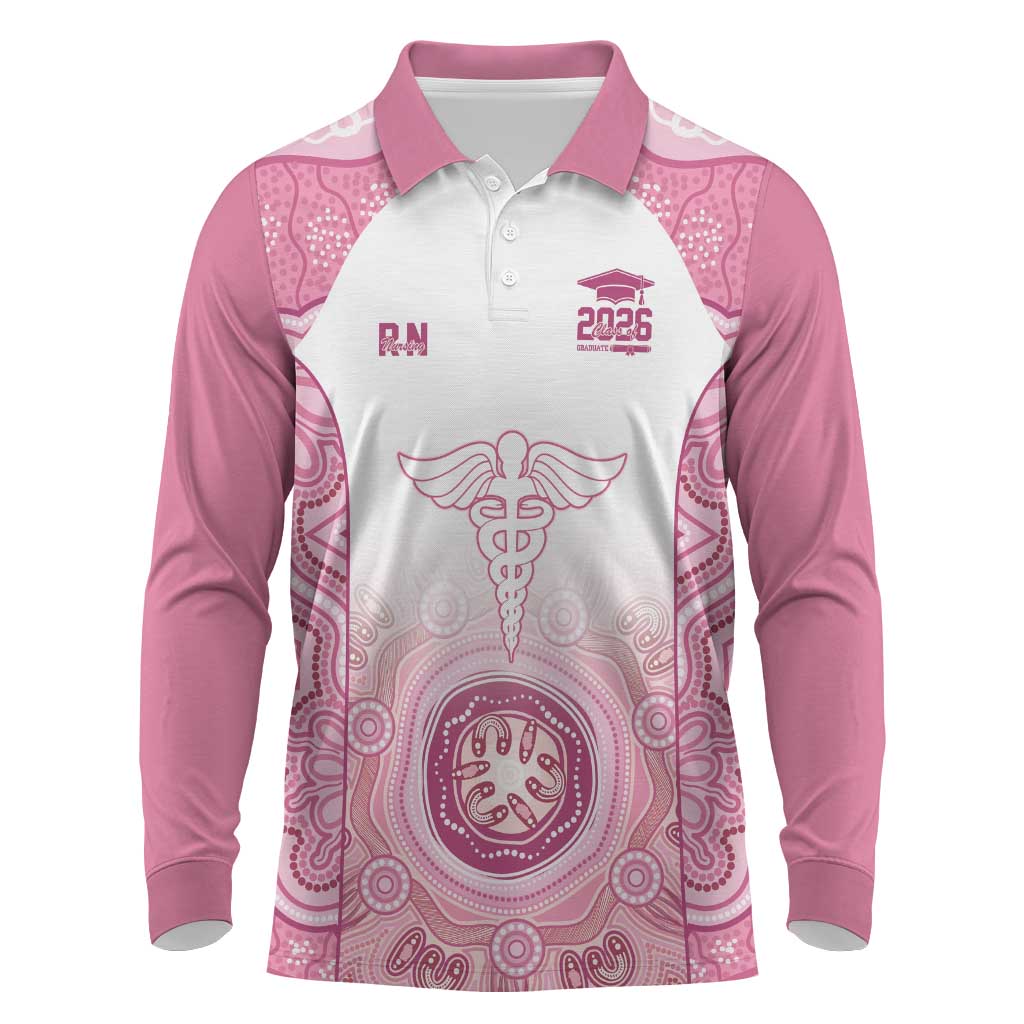 Aussie Nurse RN 2026 Personalised Long Sleeve Polo Shirt Pink Aboriginal Art Pattern Cultural Pride