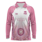 Aussie Nurse RN 2026 Personalised Long Sleeve Polo Shirt Pink Aboriginal Art Pattern Cultural Pride