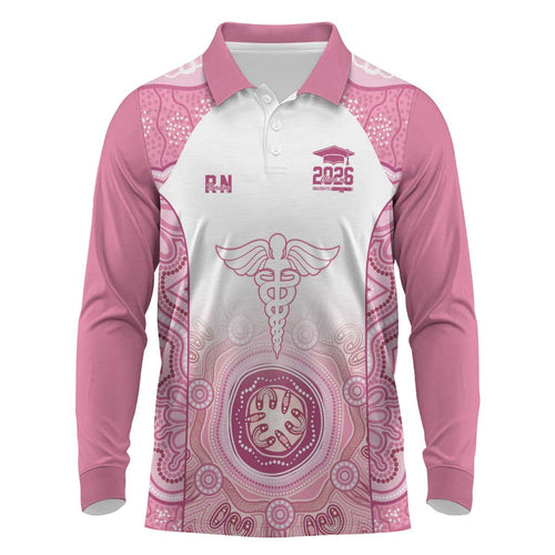 Aussie Nurse RN 2026 Personalised Long Sleeve Polo Shirt Pink Aboriginal Art Pattern Cultural Pride