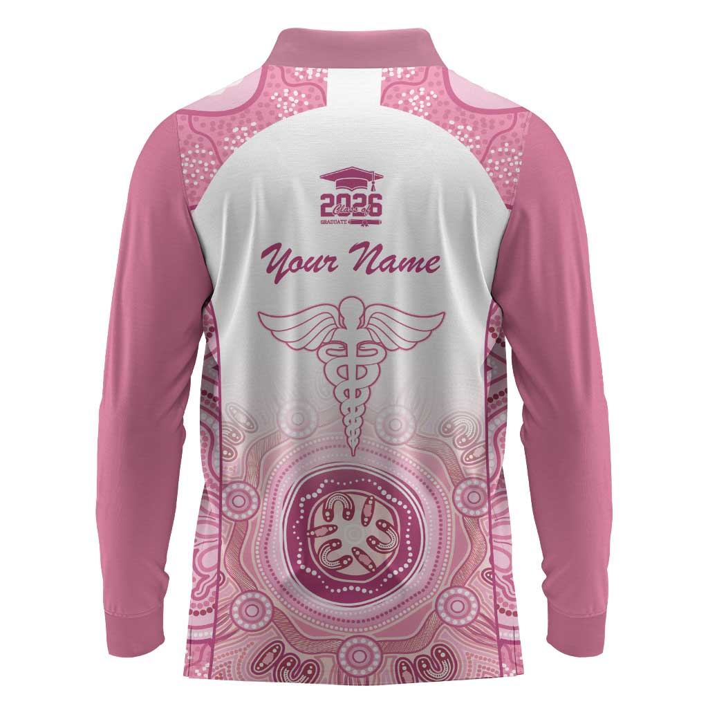 Aussie Nurse RN 2026 Personalised Long Sleeve Polo Shirt Pink Aboriginal Art Pattern Cultural Pride