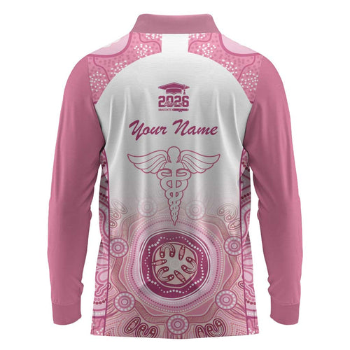 Aussie Nurse RN 2026 Personalised Long Sleeve Polo Shirt Pink Aboriginal Art Pattern Cultural Pride