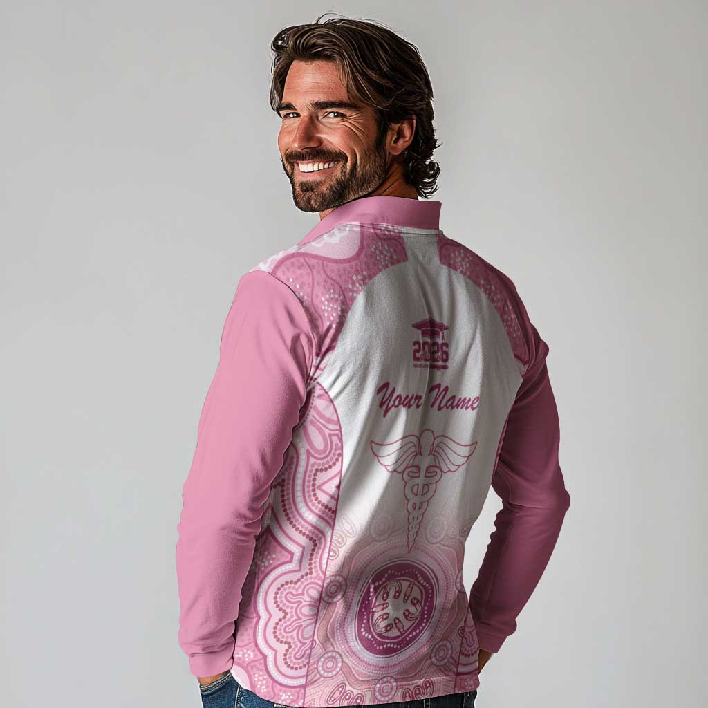 Aussie Nurse RN 2026 Personalised Long Sleeve Polo Shirt Pink Aboriginal Art Pattern Cultural Pride