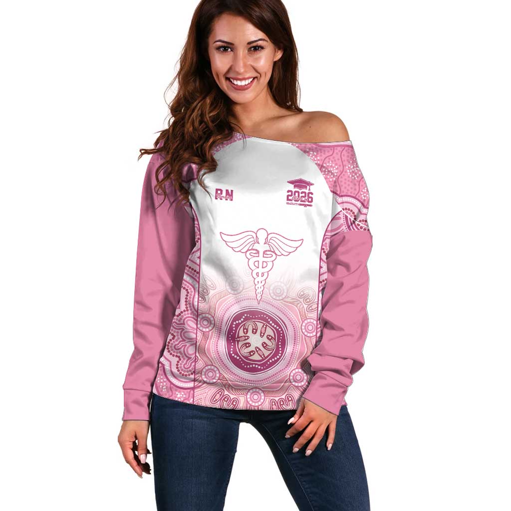 Aussie Nurse RN 2026 Personalised Off Shoulder Sweater Pink Aboriginal Art Pattern Cultural Pride