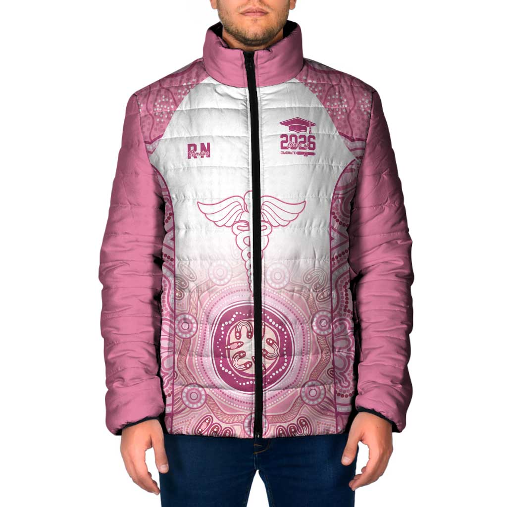Aussie Nurse RN 2026 Personalised Padded Jacket Pink Aboriginal Art Pattern Cultural Pride