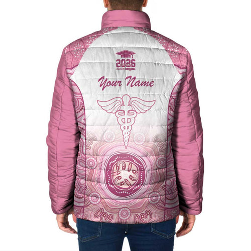 Aussie Nurse RN 2026 Personalised Padded Jacket Pink Aboriginal Art Pattern Cultural Pride