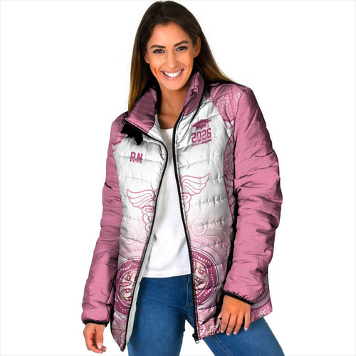 Aussie Nurse RN 2026 Personalised Padded Jacket Pink Aboriginal Art Pattern Cultural Pride