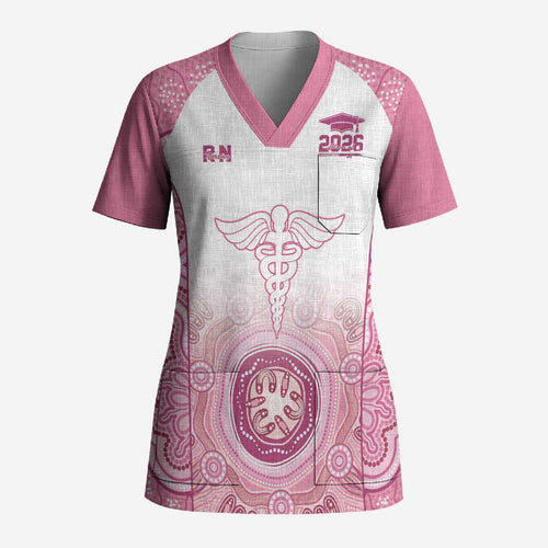 Aussie Nurse RN 2026 Personalised Scrub Top Pink Aboriginal Art Pattern Cultural Pride