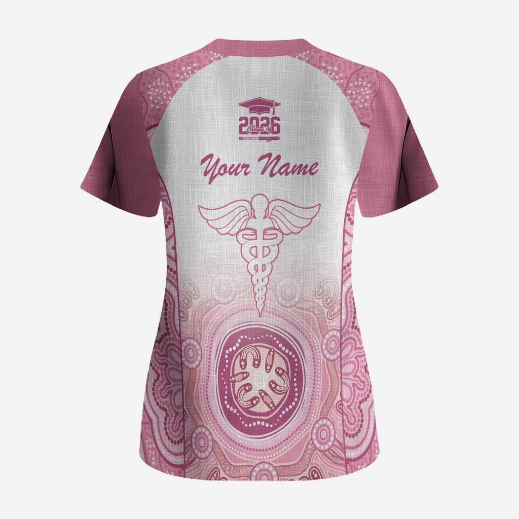 Aussie Nurse RN 2026 Personalised Scrub Top Pink Aboriginal Art Pattern Cultural Pride