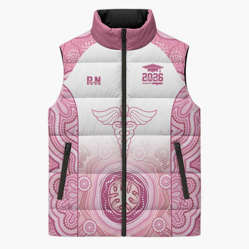 Aussie Nurse RN 2026 Personalised Sleeveless Puffer Jacket Pink Aboriginal Art Pattern Cultural Pride