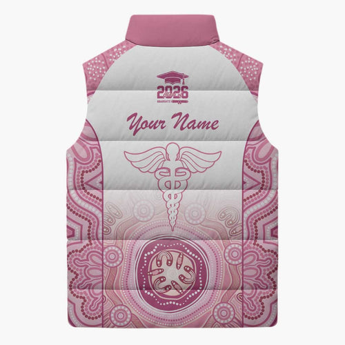 Aussie Nurse RN 2026 Personalised Sleeveless Puffer Jacket Pink Aboriginal Art Pattern Cultural Pride