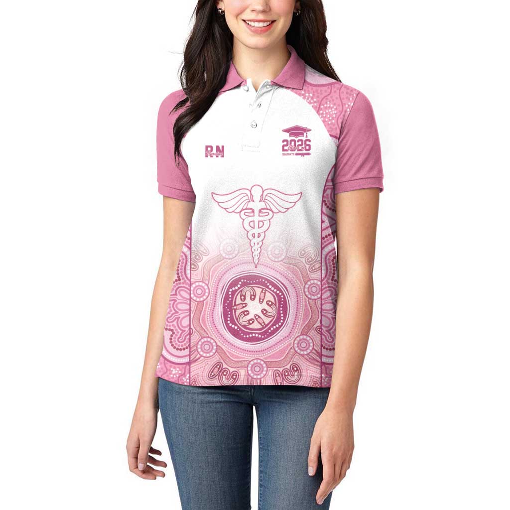 Aussie Nurse RN 2026 Personalised Women Polo Shirt Pink Aboriginal Art Pattern Cultural Pride