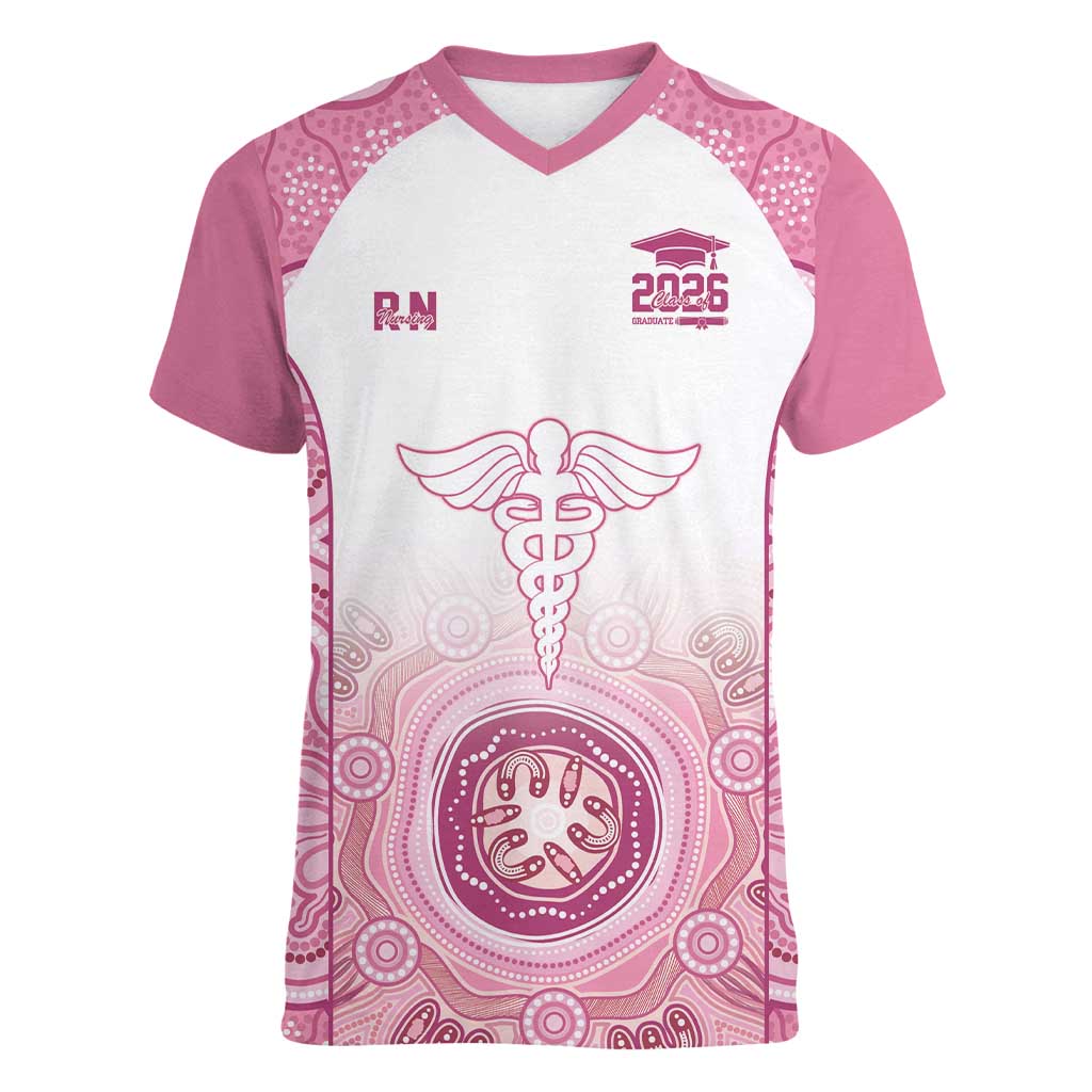 Aussie Nurse RN 2026 Personalised Women V-Neck T-Shirt Pink Aboriginal Art Pattern Cultural Pride