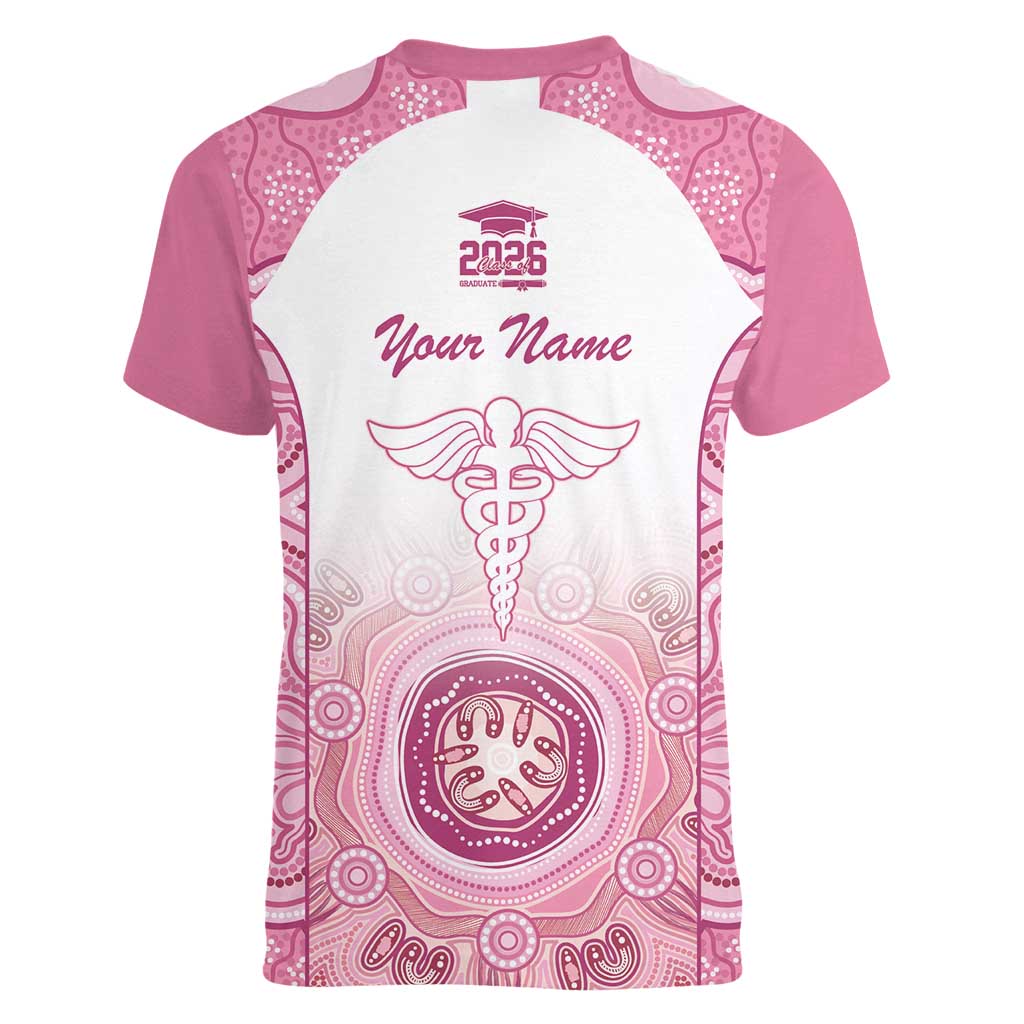 Aussie Nurse RN 2026 Personalised Women V-Neck T-Shirt Pink Aboriginal Art Pattern Cultural Pride