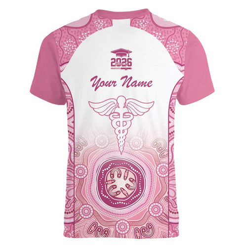 Aussie Nurse RN 2026 Personalised Women V-Neck T-Shirt Pink Aboriginal Art Pattern Cultural Pride