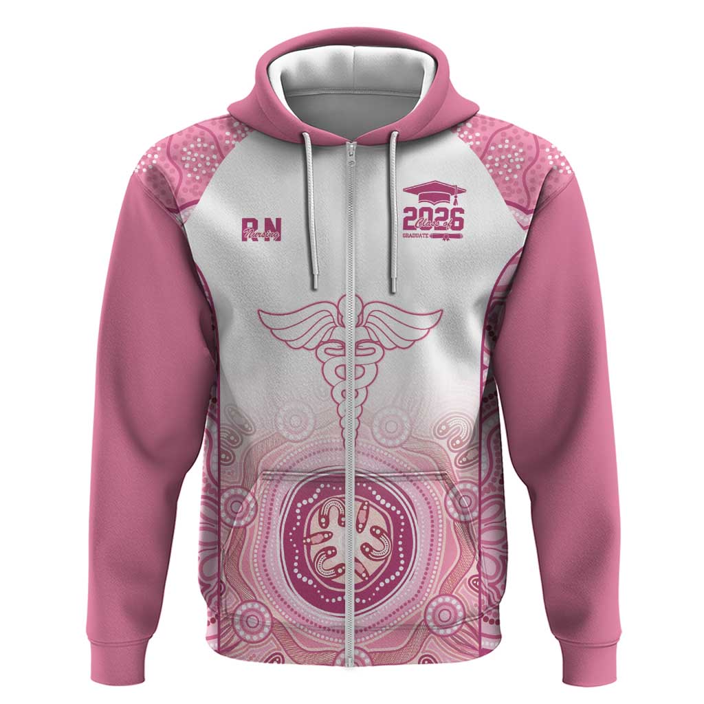 Aussie Nurse RN 2026 Personalised Zip Hoodie Pink Aboriginal Art Pattern Cultural Pride