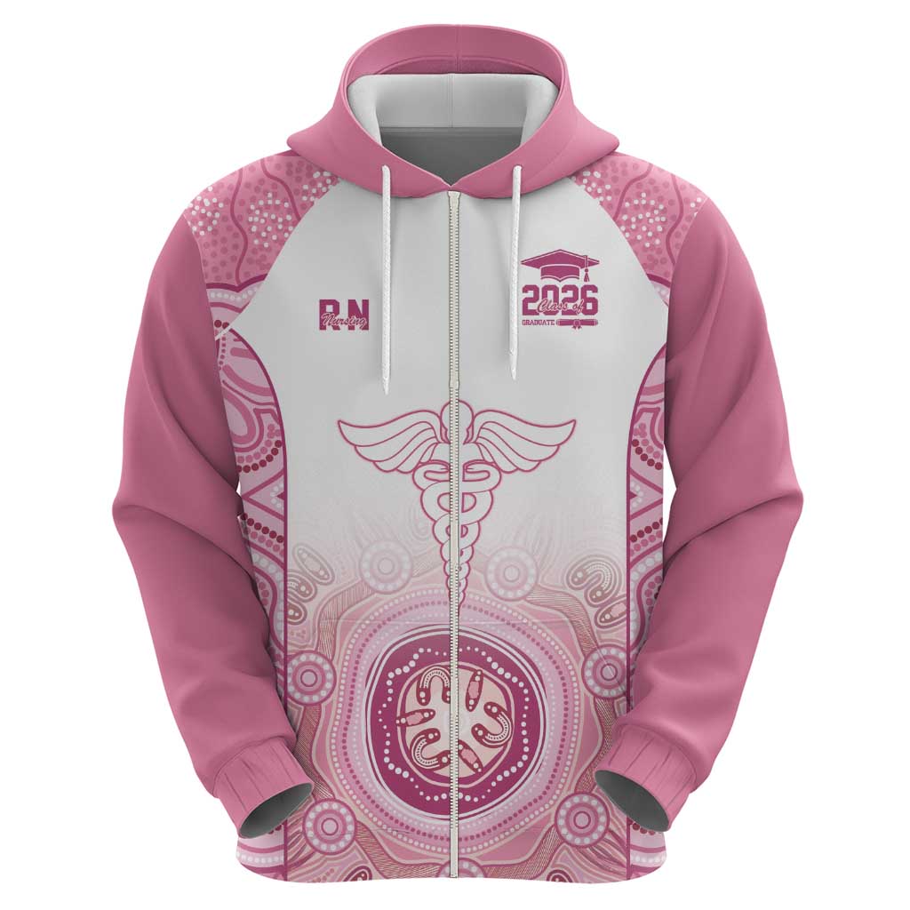 Aussie Nurse RN 2026 Personalised Zip Hoodie Pink Aboriginal Art Pattern Cultural Pride