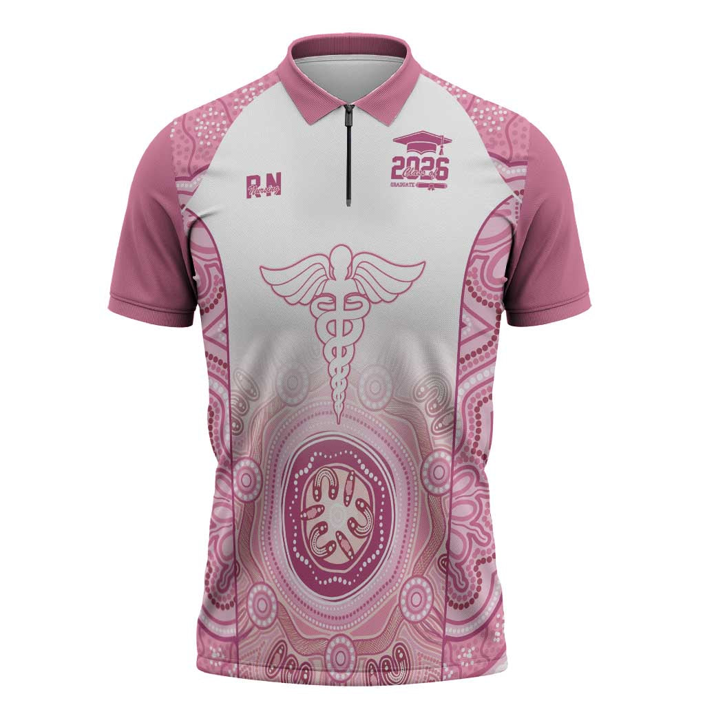 Aussie Nurse RN 2026 Personalised Zipper Polo Shirt Pink Aboriginal Art Pattern Cultural Pride