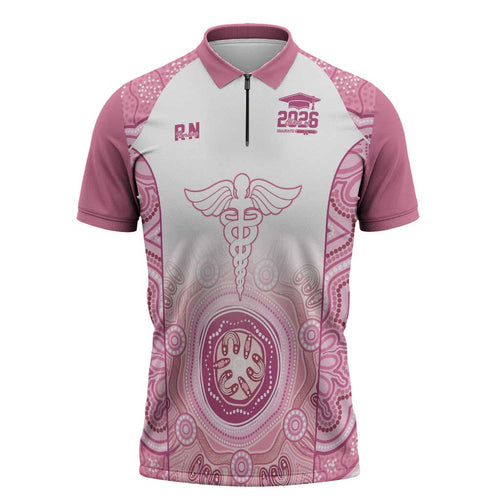 Aussie Nurse RN 2026 Personalised Zipper Polo Shirt Pink Aboriginal Art Pattern Cultural Pride