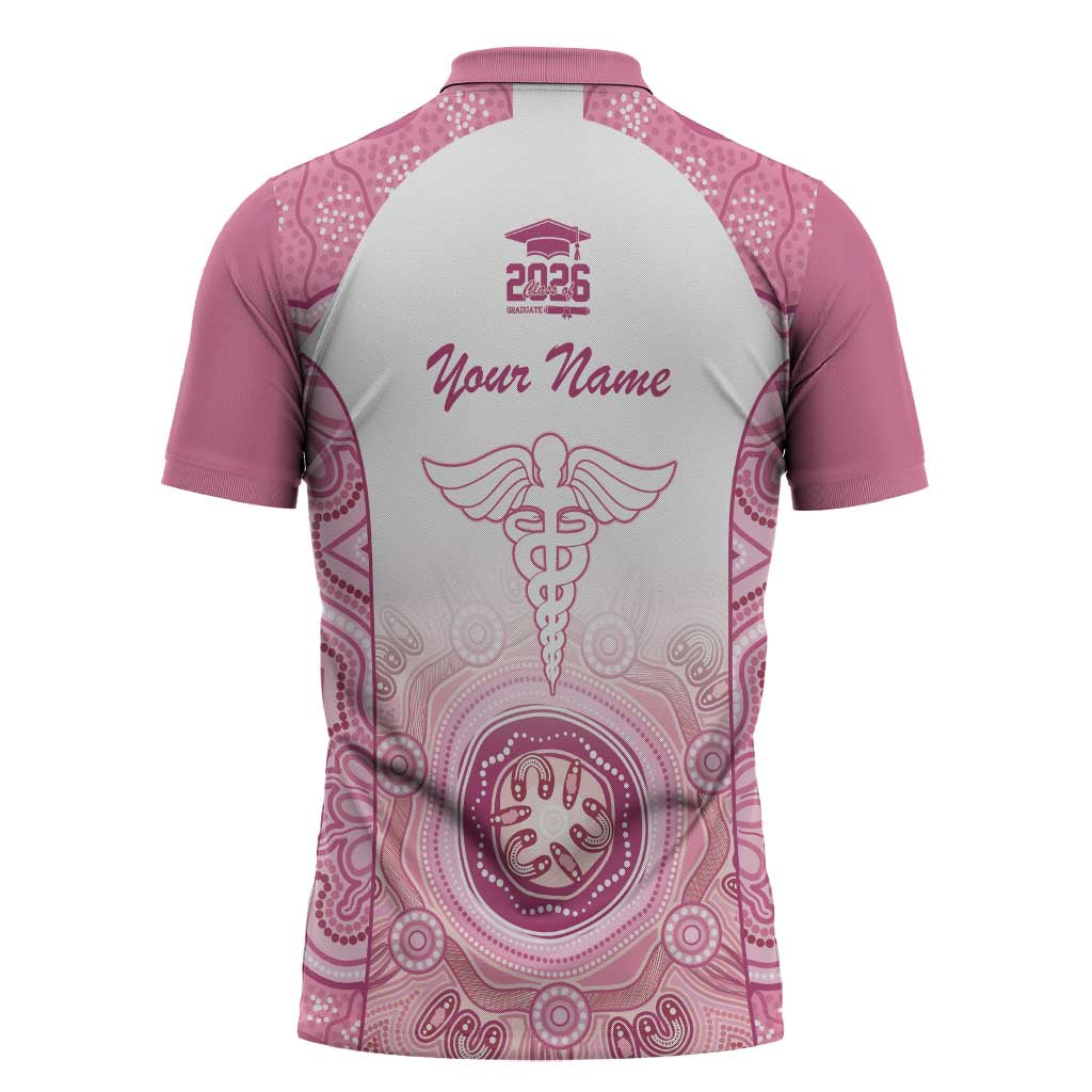 Aussie Nurse RN 2026 Personalised Zipper Polo Shirt Pink Aboriginal Art Pattern Cultural Pride