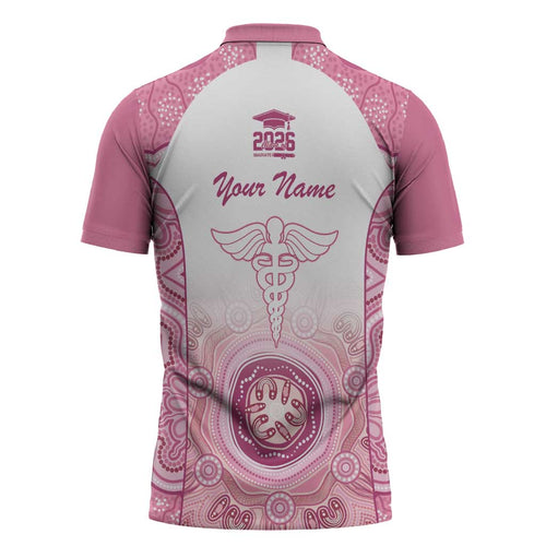 Aussie Nurse RN 2026 Personalised Zipper Polo Shirt Pink Aboriginal Art Pattern Cultural Pride