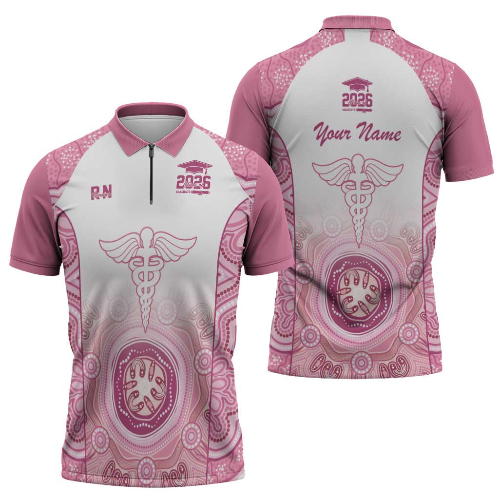 Aussie Nurse RN 2026 Personalised Zipper Polo Shirt Pink Aboriginal Art Pattern Cultural Pride