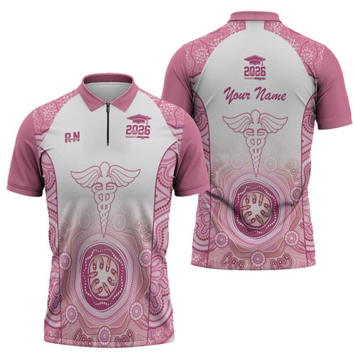 Aussie Nurse RN 2026 Personalised Zipper Polo Shirt Pink Aboriginal Art Pattern Cultural Pride