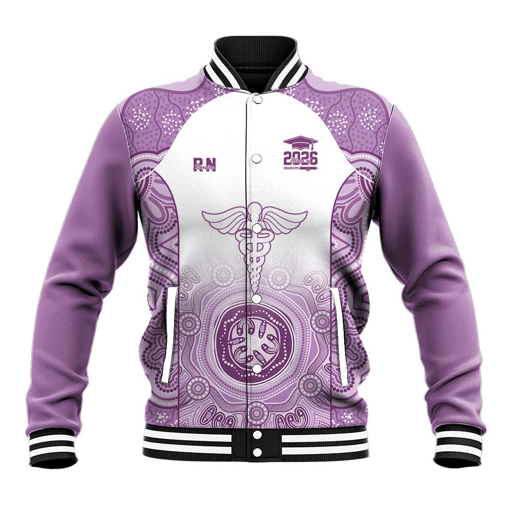 Aussie Nurse RN 2026 Personalised Baseball Jacket Purple Aboriginal Art Pattern Cultural Pride