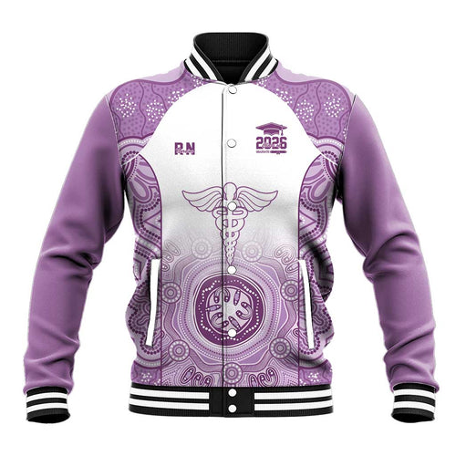 Aussie Nurse RN 2026 Personalised Baseball Jacket Purple Aboriginal Art Pattern Cultural Pride