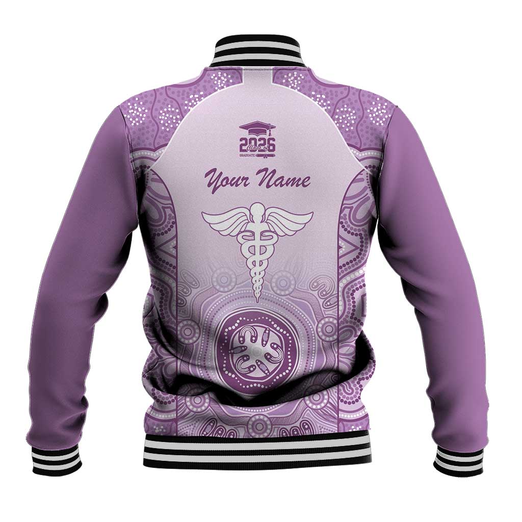 Aussie Nurse RN 2026 Personalised Baseball Jacket Purple Aboriginal Art Pattern Cultural Pride