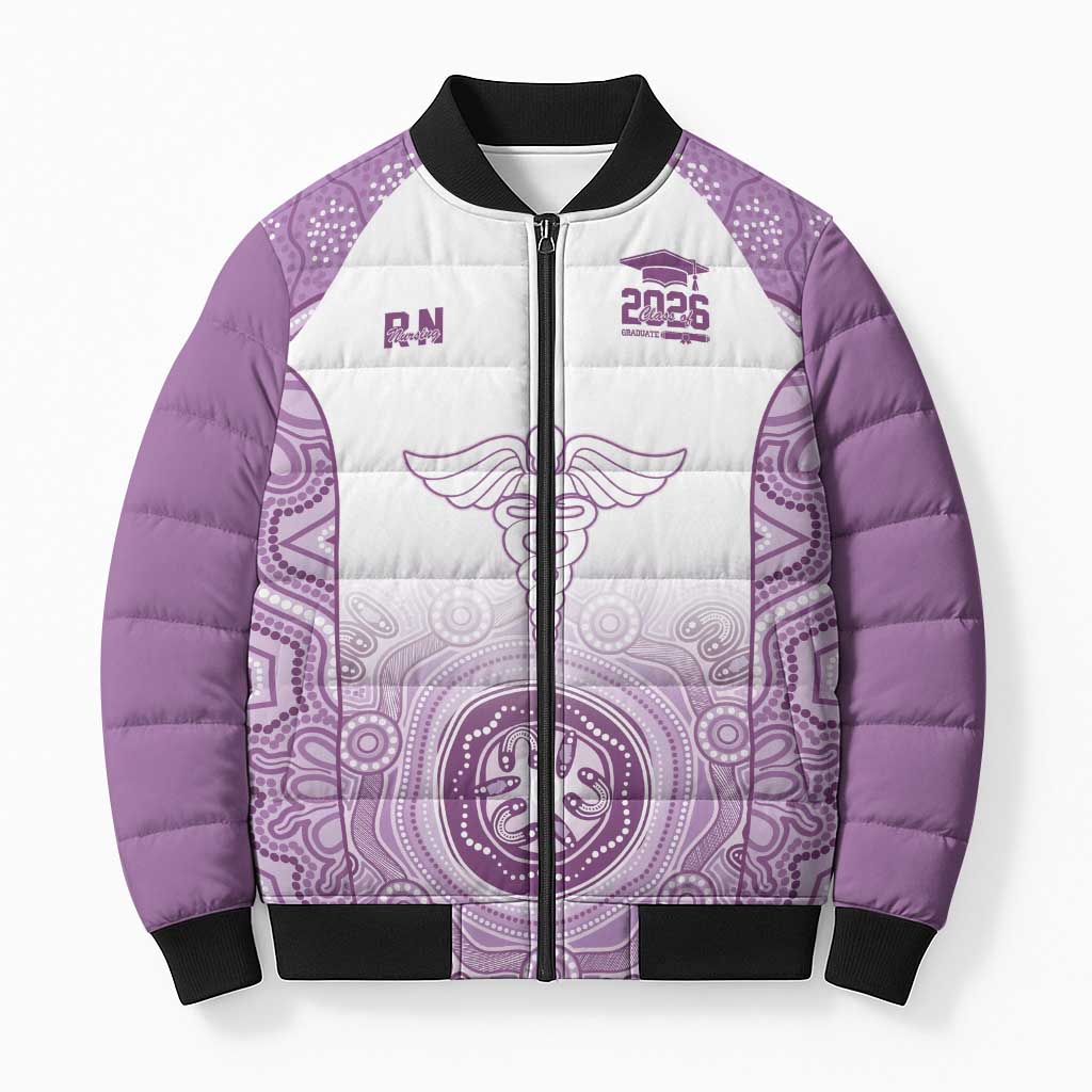 Aussie Nurse RN 2026 Personalised Bomber Puffer Jacket Purple Aboriginal Art Pattern Cultural Pride