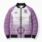 Aussie Nurse RN 2026 Personalised Bomber Puffer Jacket Purple Aboriginal Art Pattern Cultural Pride