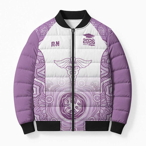 Aussie Nurse RN 2026 Personalised Bomber Puffer Jacket Purple Aboriginal Art Pattern Cultural Pride