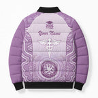 Aussie Nurse RN 2026 Personalised Bomber Puffer Jacket Purple Aboriginal Art Pattern Cultural Pride