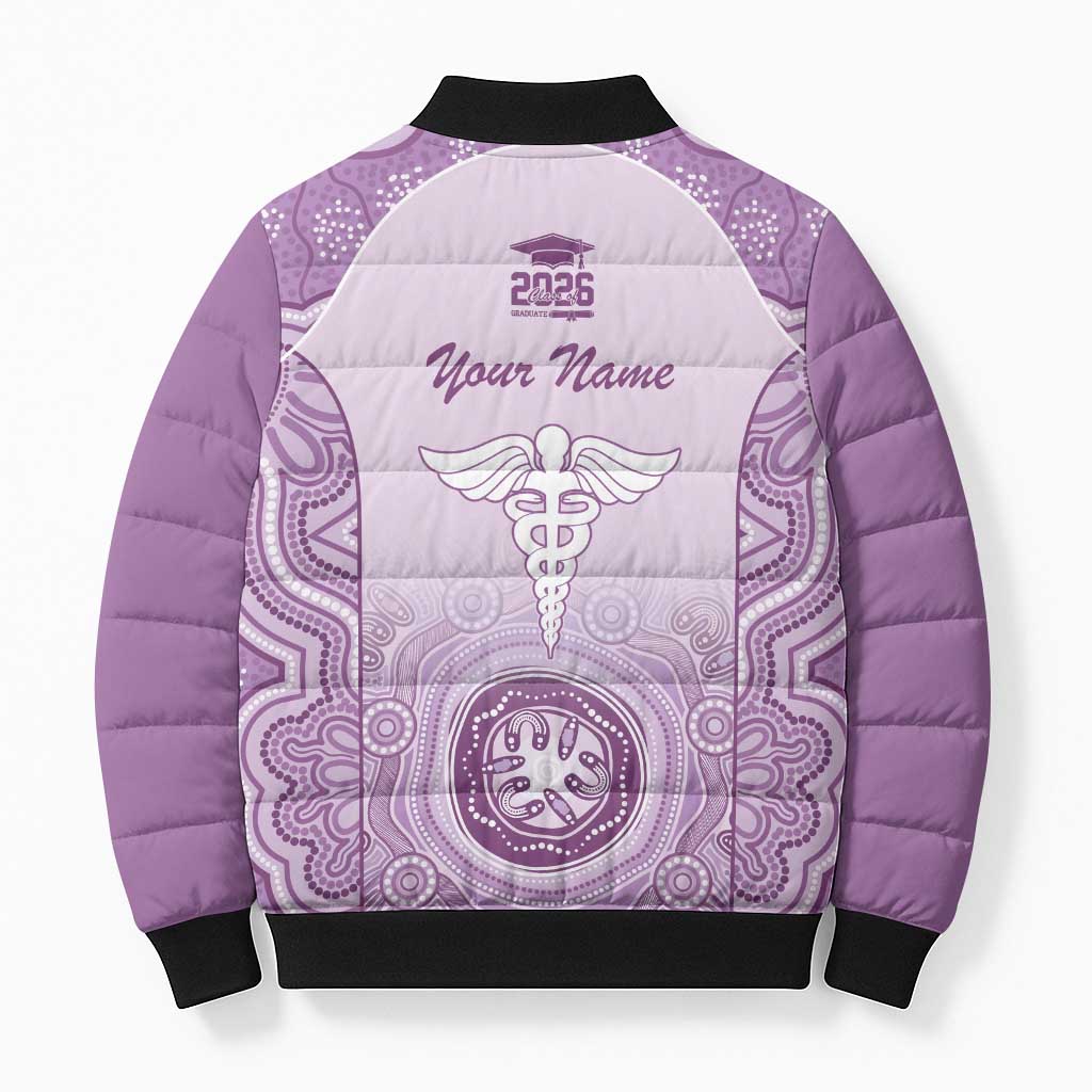 Aussie Nurse RN 2026 Personalised Bomber Puffer Jacket Purple Aboriginal Art Pattern Cultural Pride