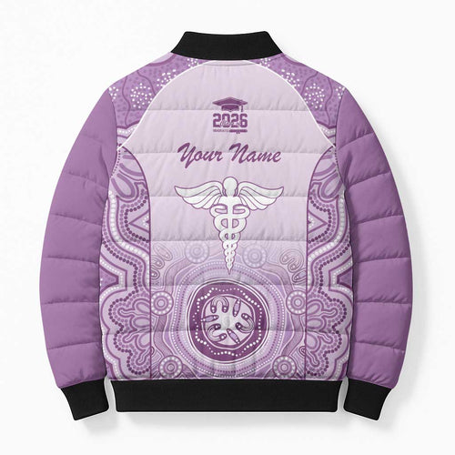 Aussie Nurse RN 2026 Personalised Bomber Puffer Jacket Purple Aboriginal Art Pattern Cultural Pride