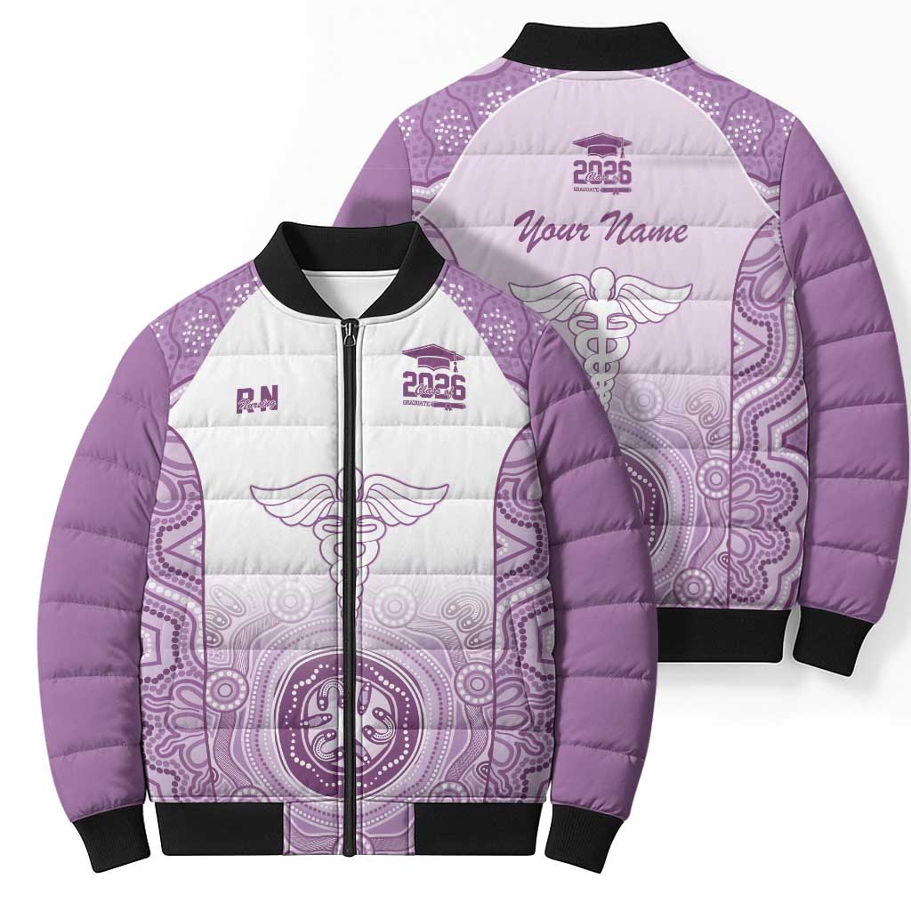 Aussie Nurse RN 2026 Personalised Bomber Puffer Jacket Purple Aboriginal Art Pattern Cultural Pride