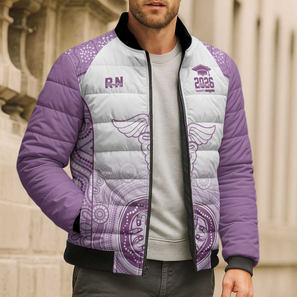 Aussie Nurse RN 2026 Personalised Bomber Puffer Jacket Purple Aboriginal Art Pattern Cultural Pride