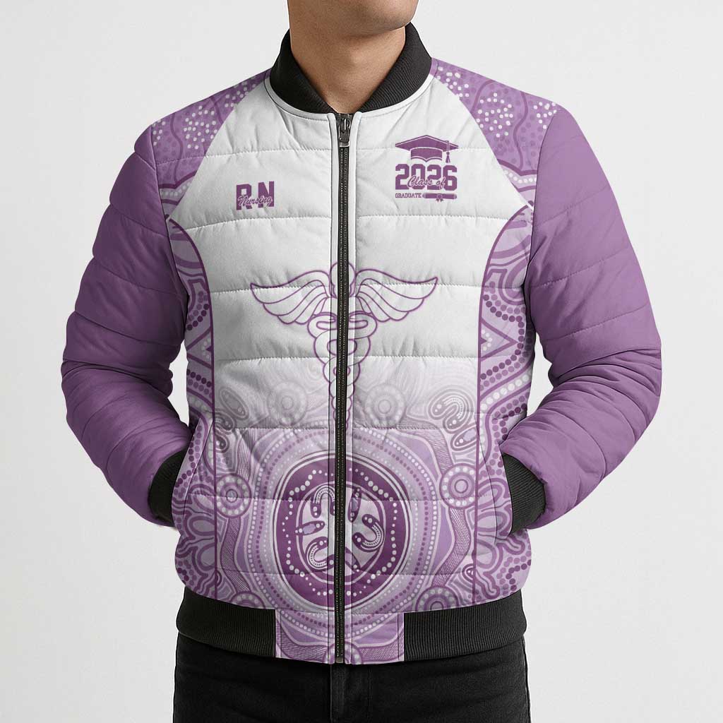 Aussie Nurse RN 2026 Personalised Bomber Puffer Jacket Purple Aboriginal Art Pattern Cultural Pride