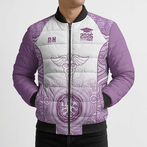 Aussie Nurse RN 2026 Personalised Bomber Puffer Jacket Purple Aboriginal Art Pattern Cultural Pride