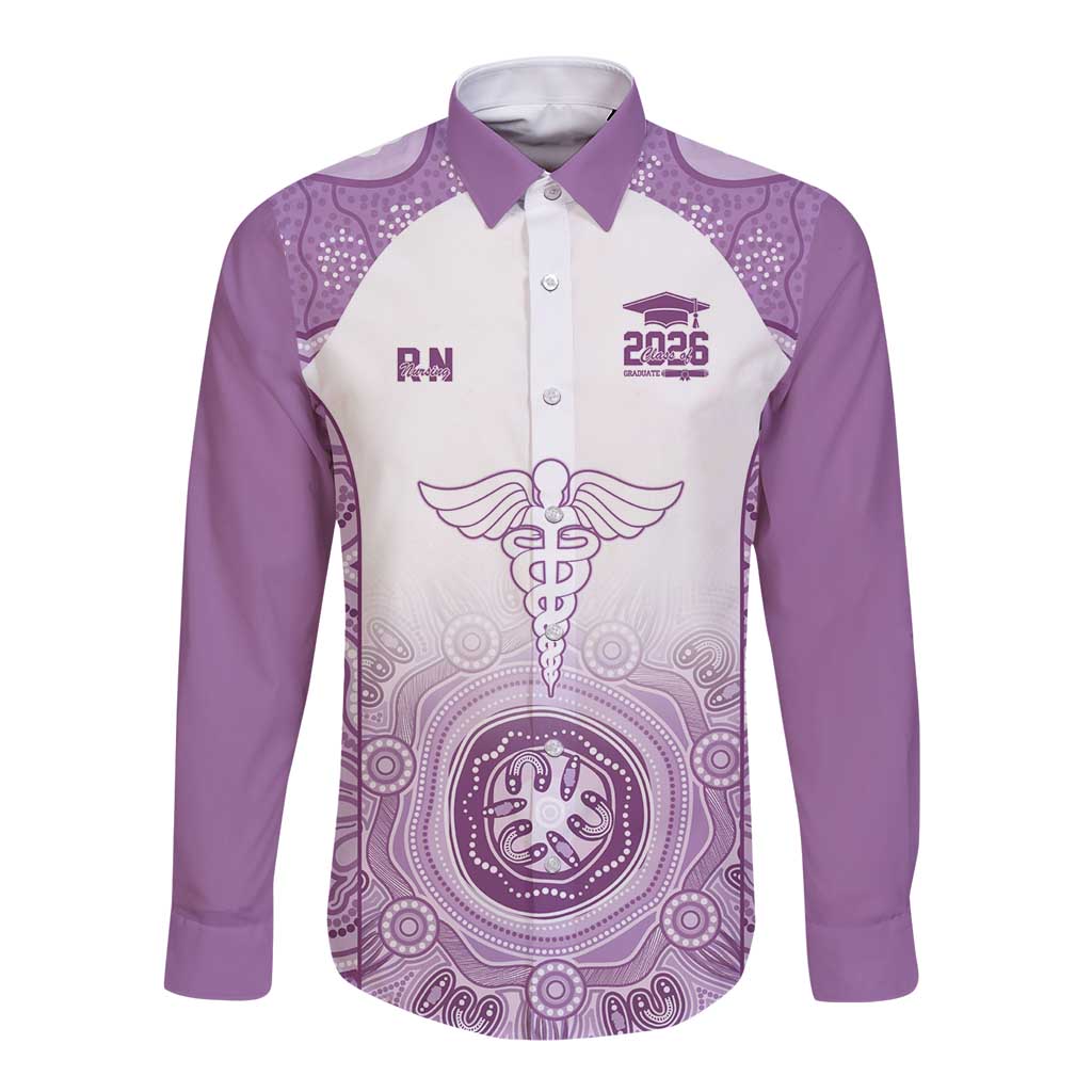 Aussie Nurse RN 2026 Personalised Long Sleeve Button Shirt Purple Aboriginal Art Pattern Cultural Pride