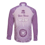 Aussie Nurse RN 2026 Personalised Long Sleeve Button Shirt Purple Aboriginal Art Pattern Cultural Pride