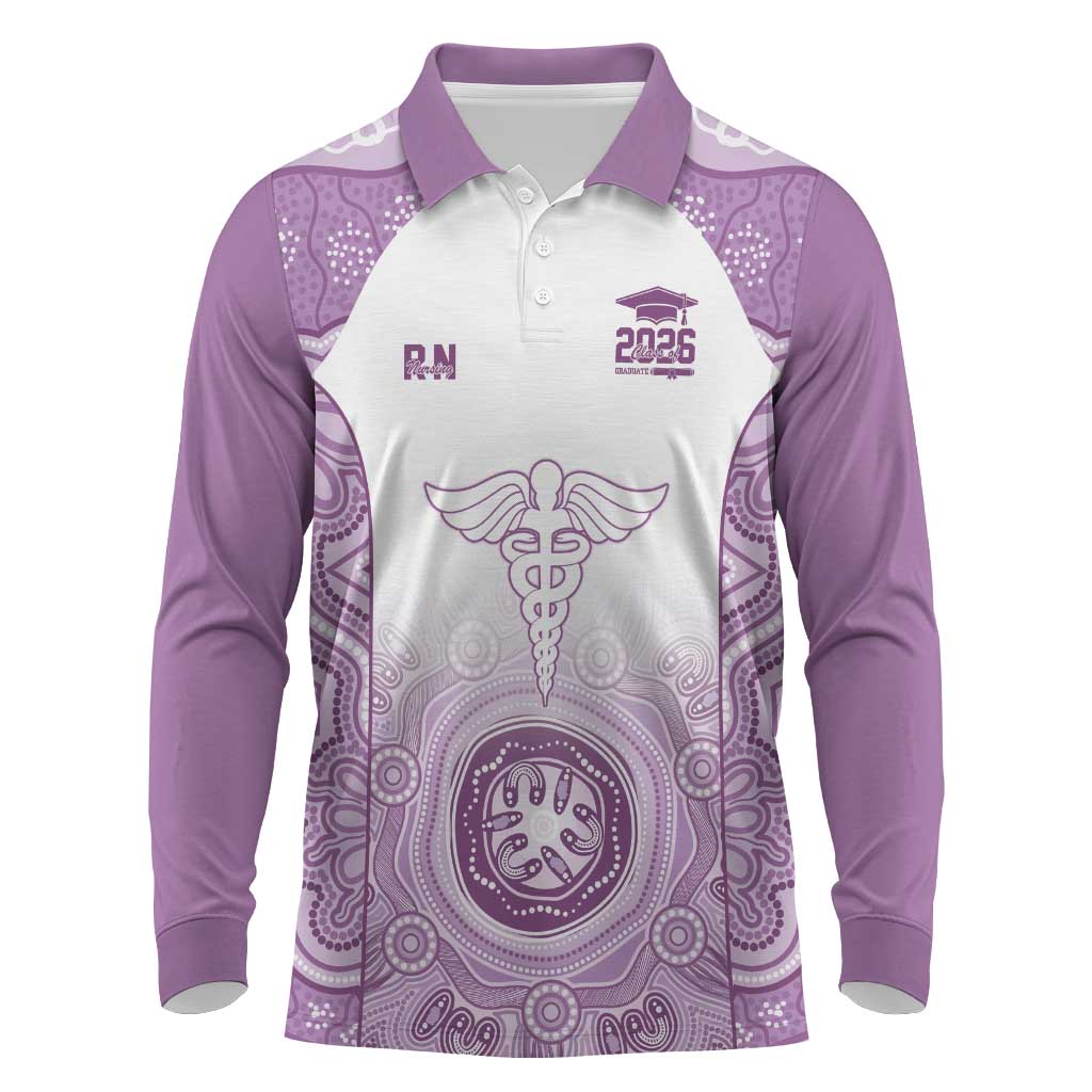 Aussie Nurse RN 2026 Personalised Long Sleeve Polo Shirt Purple Aboriginal Art Pattern Cultural Pride