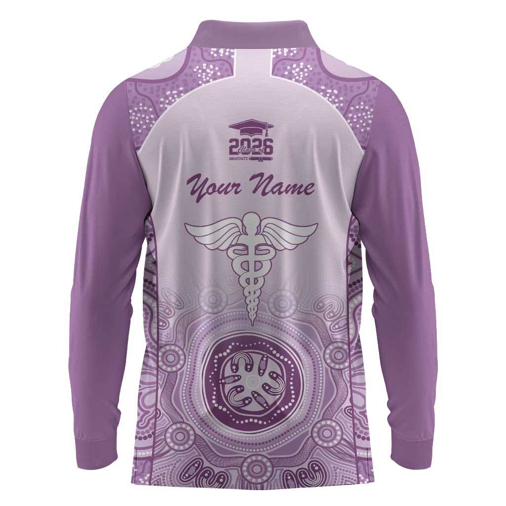 Aussie Nurse RN 2026 Personalised Long Sleeve Polo Shirt Purple Aboriginal Art Pattern Cultural Pride