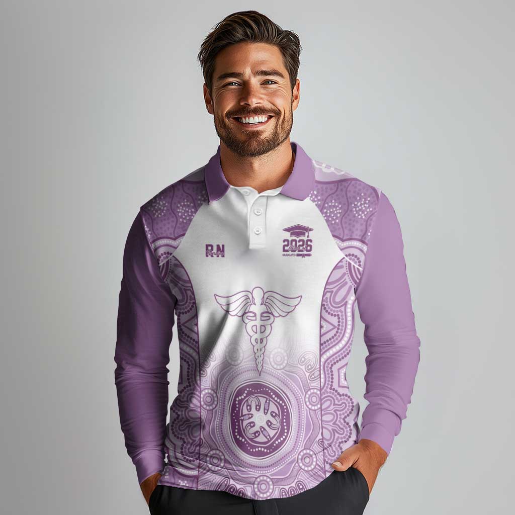 Aussie Nurse RN 2026 Personalised Long Sleeve Polo Shirt Purple Aboriginal Art Pattern Cultural Pride