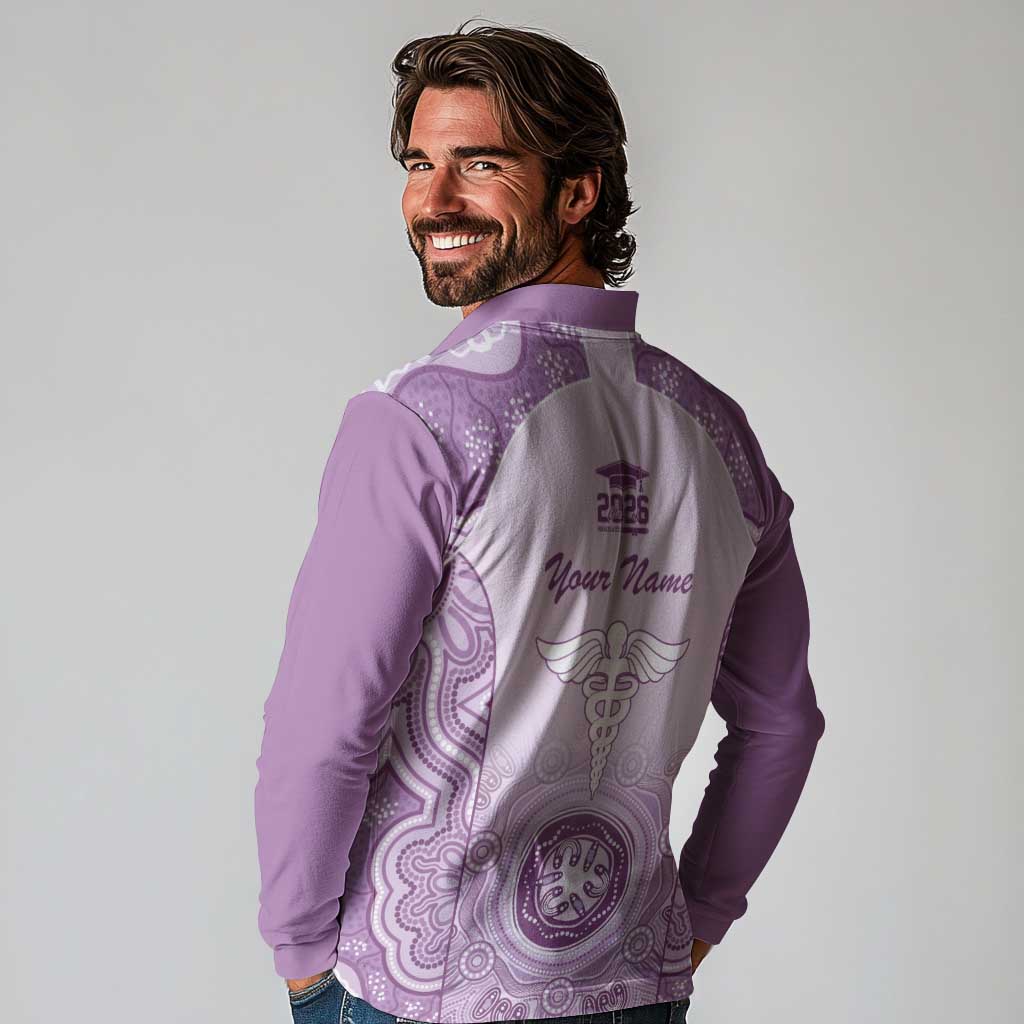 Aussie Nurse RN 2026 Personalised Long Sleeve Polo Shirt Purple Aboriginal Art Pattern Cultural Pride