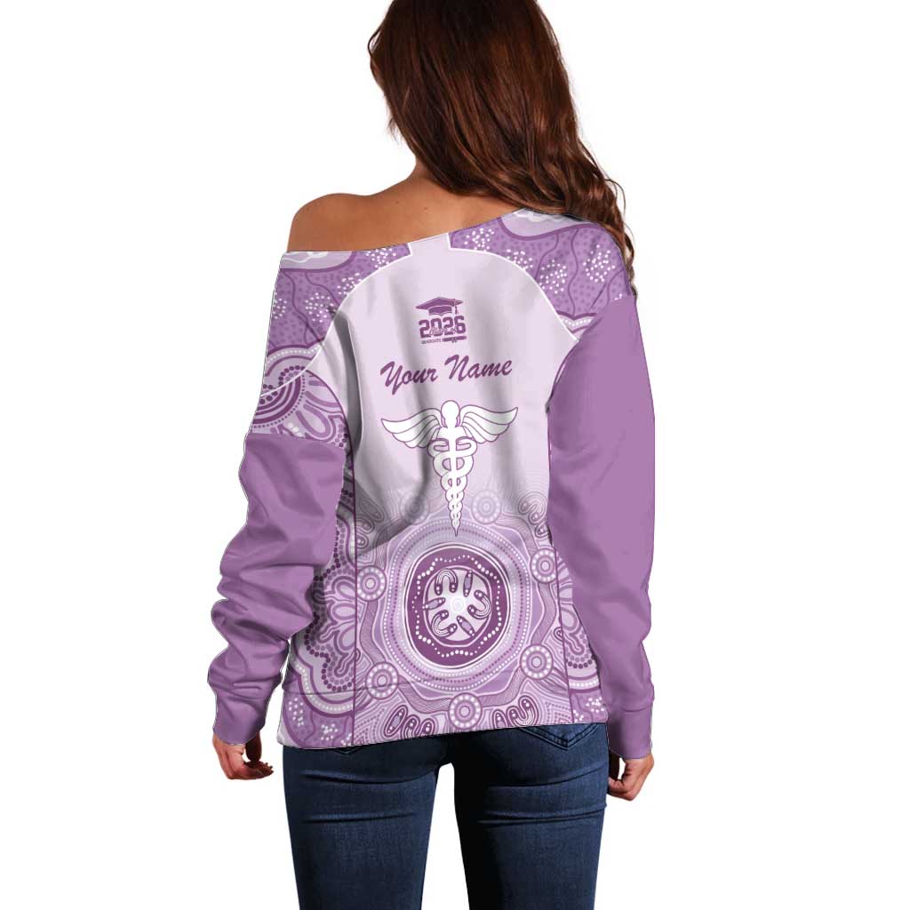 Aussie Nurse RN 2026 Personalised Off Shoulder Sweater Purple Aboriginal Art Pattern Cultural Pride